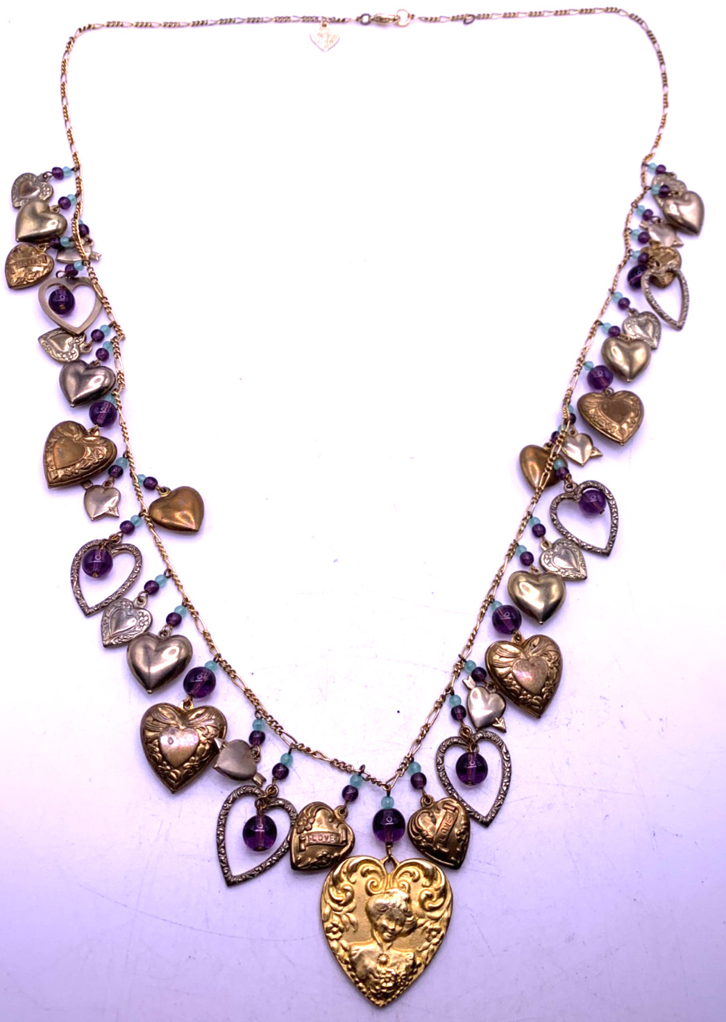 Vintage Lucy Isaacs Charm Necklace puffy hearts Victorian beaded extra long