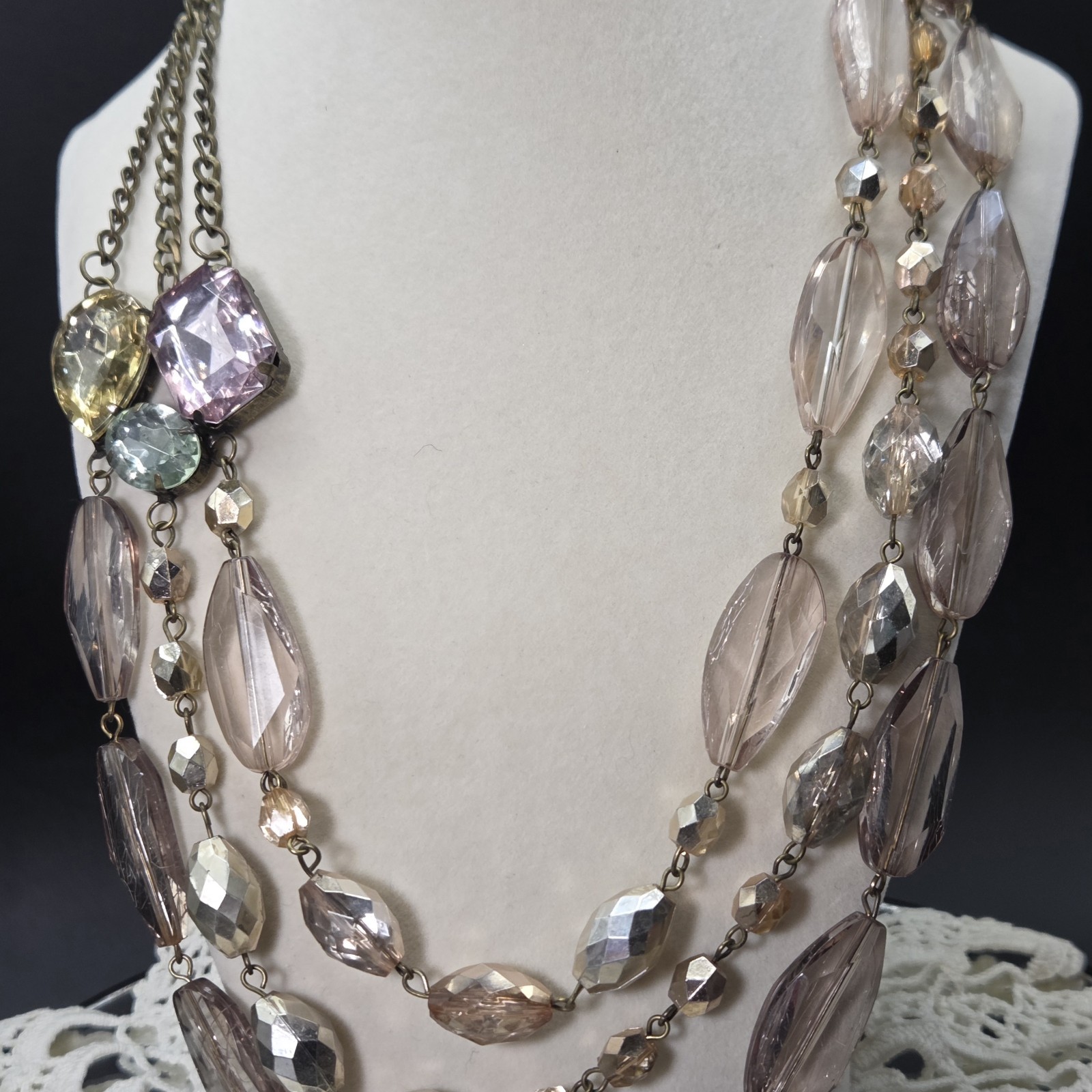 Fabulous Vintage Faceted Lucite Multistrand Statement Necklace Pastel Large Gems