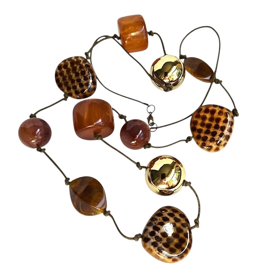 Chunky Earth Tone Ceramic & Marbled Acrylic Knotted Beads Long Necklace Boho 38″