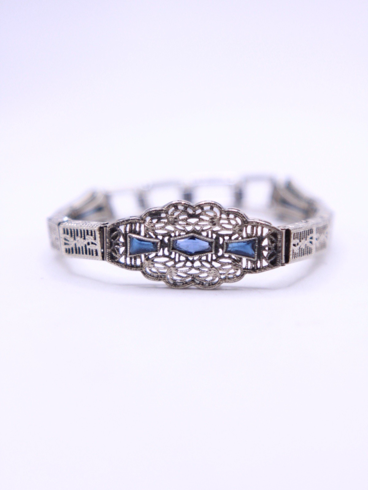 Vintage Anne Louise Art Deco Filigree Bracelet with Simulated Sapphires