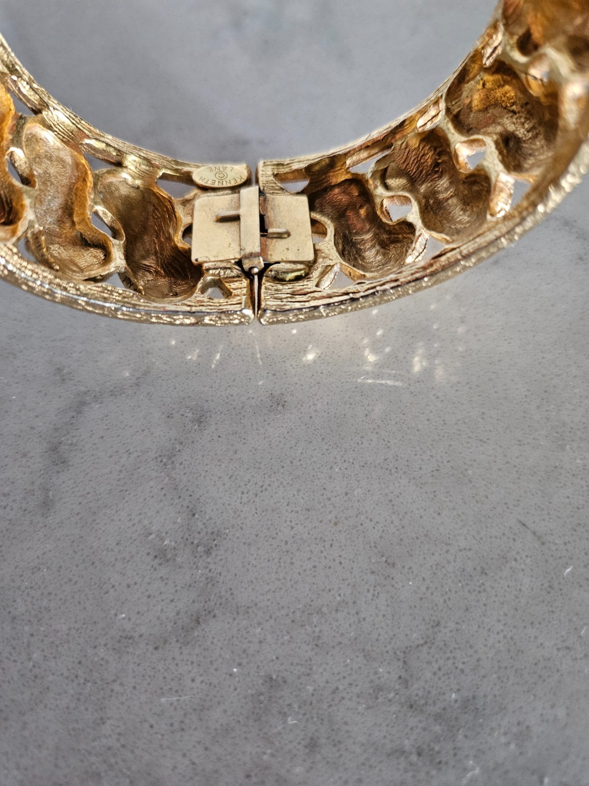 RARE AND VINTAGE KENNETH LANE GOLD BEADED SWIRLS HINGED CUFF BRACELET