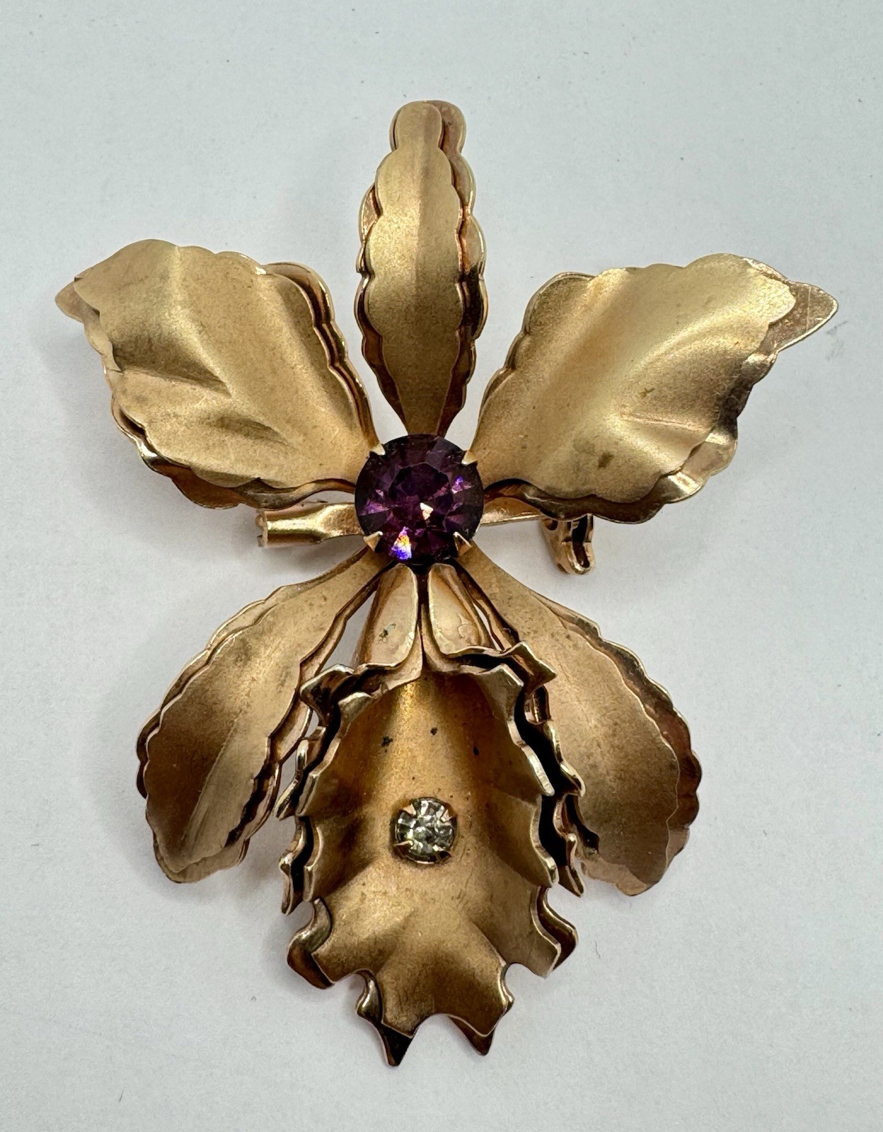 Vintage BUGBEE NILES Iris Orchid Purple Rhinestone Copper Gold Tone Brooch Pin