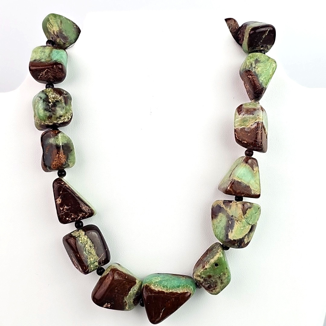 Vintage Green Brown Gemstone Nugget Necklace Chunky Statement 16 Inch