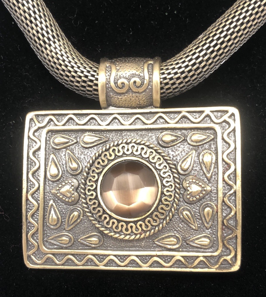 Vintage Boho Necklace Clip On Earring Set Mesh Chain Large Pendant