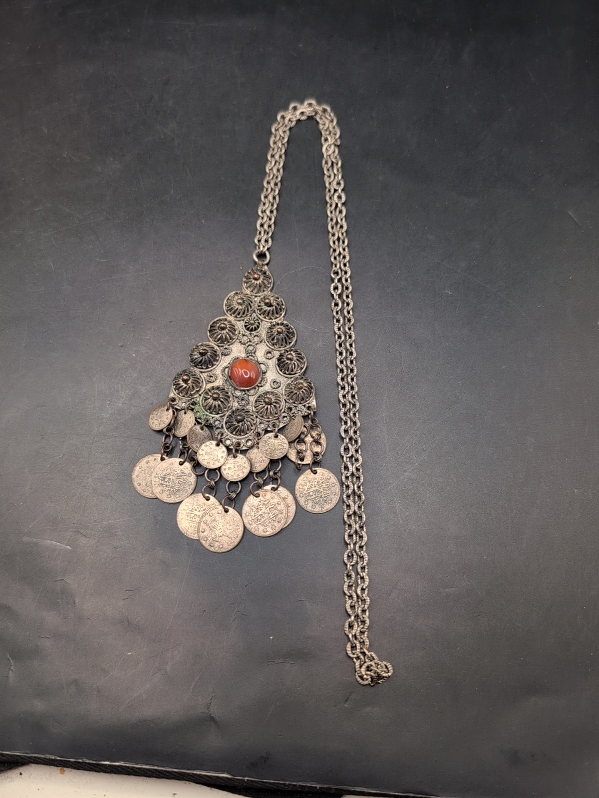 Vintage Tribal Coin Necklace With Glass Stone 24″ Chain