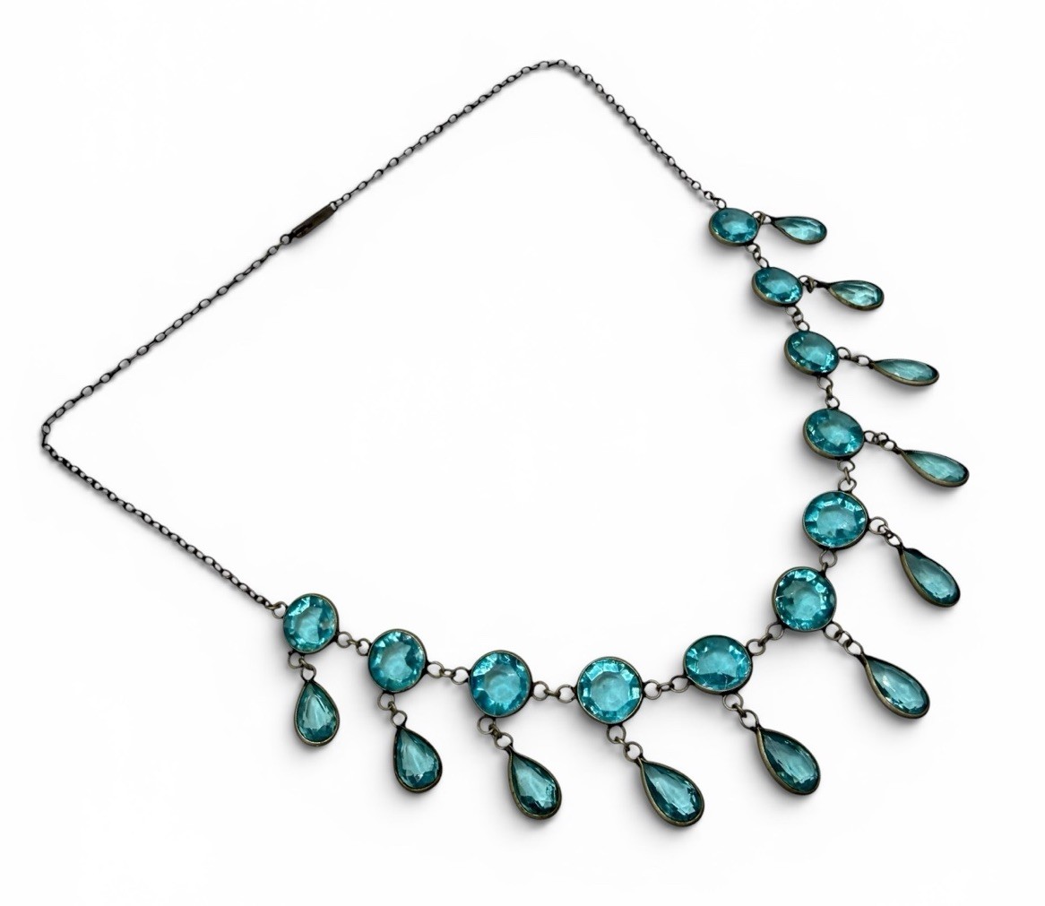 Antique Edwardian Deco Czech Festoon Drapes Faux Aquamarine Glass Necklace