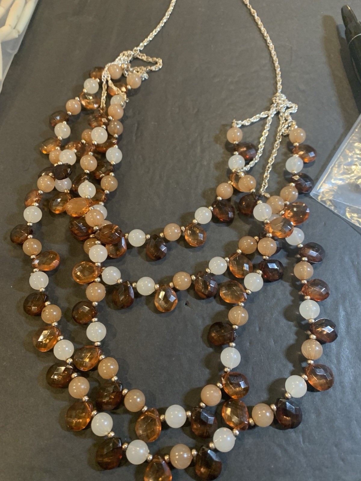 VTG Crown Trifari 5 Strand 24″ long necklace With ACRYLIC beads In Fall Colors