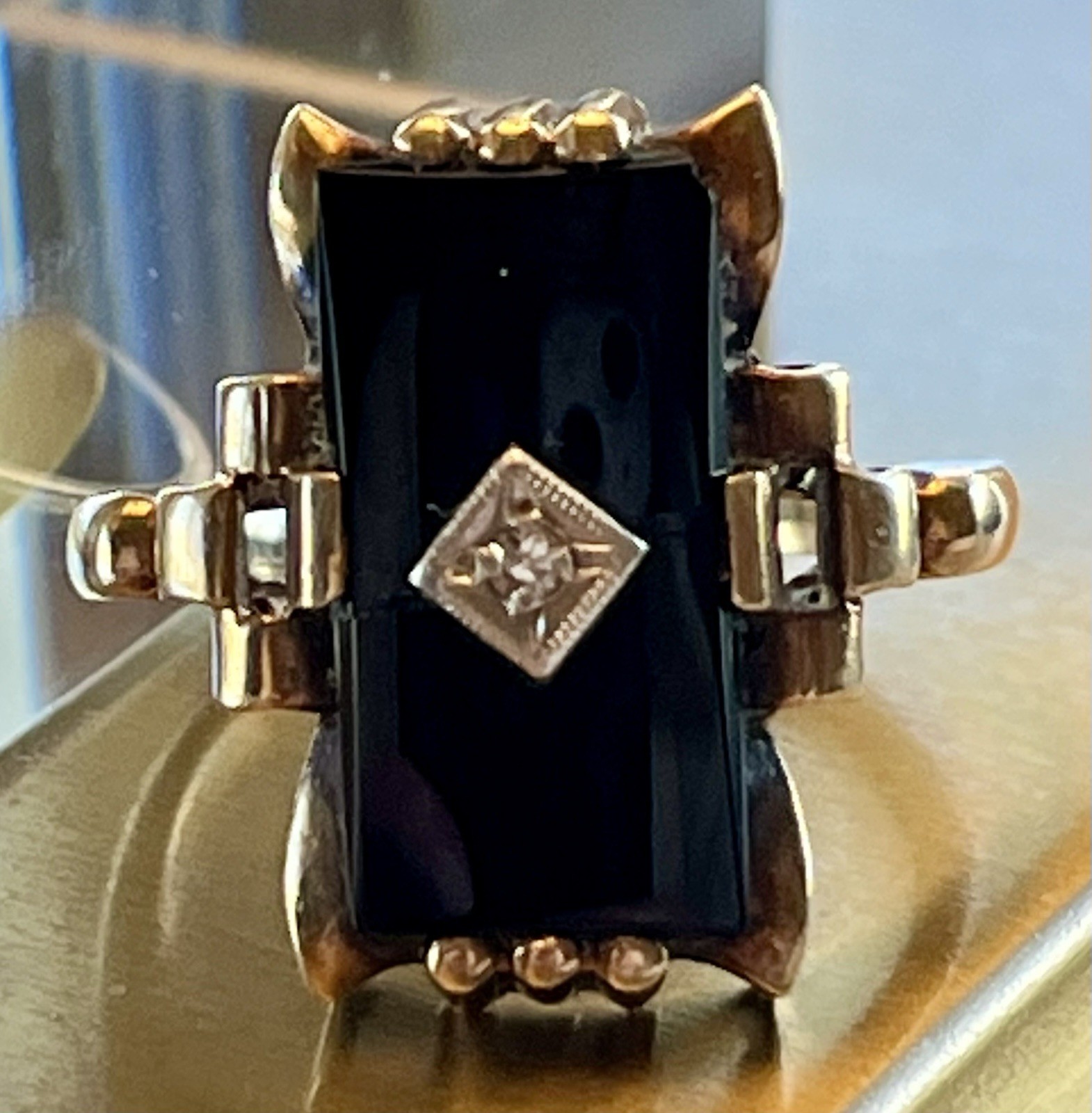 🖤 Antique Art Deco Large Rectangle Black Onyx & Diamond 10k Yellow Gold Ring 6