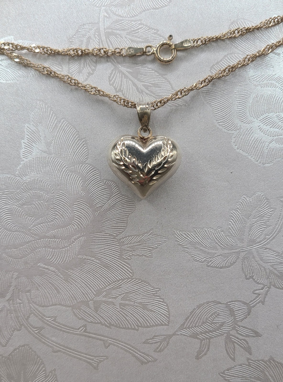 Vtg 925 Sterling Silver Diamond Cut Puff Heart Pendant Twist Chain 18” Necklace