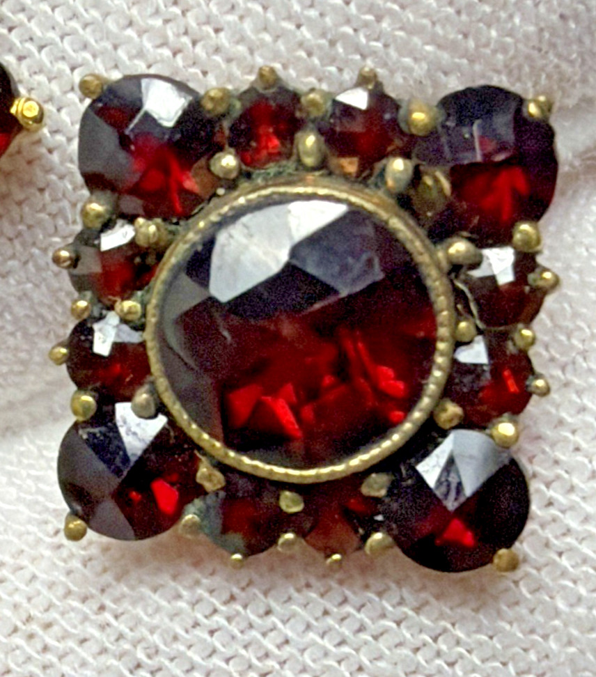 Victorian Red Garnet Star Snowflake Cluster Germany Brooch Pin Screw Earrings