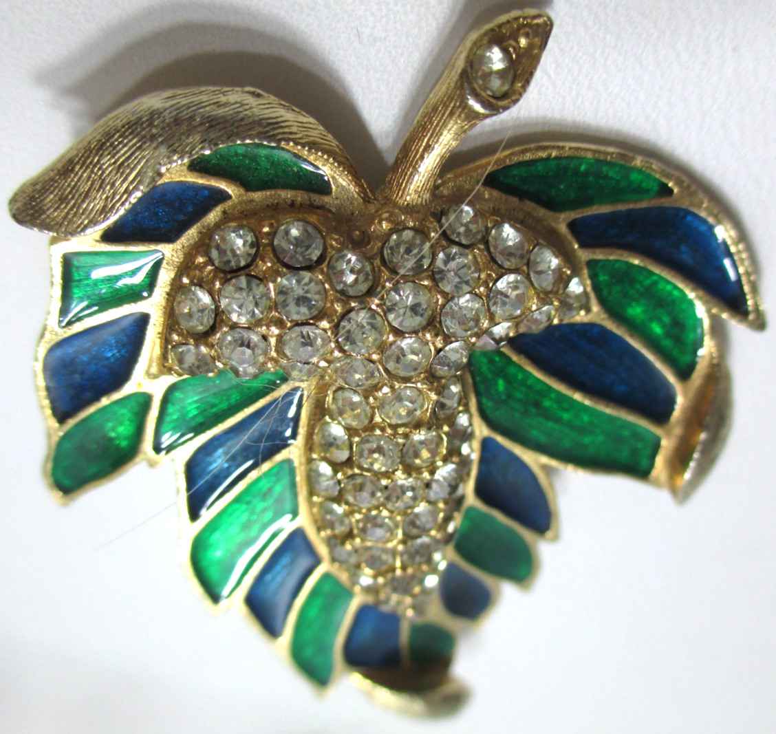 Vintage Weiss Brooch Pin Leaf Green Blue Enamel Pave Rhinestones 2 1/2″