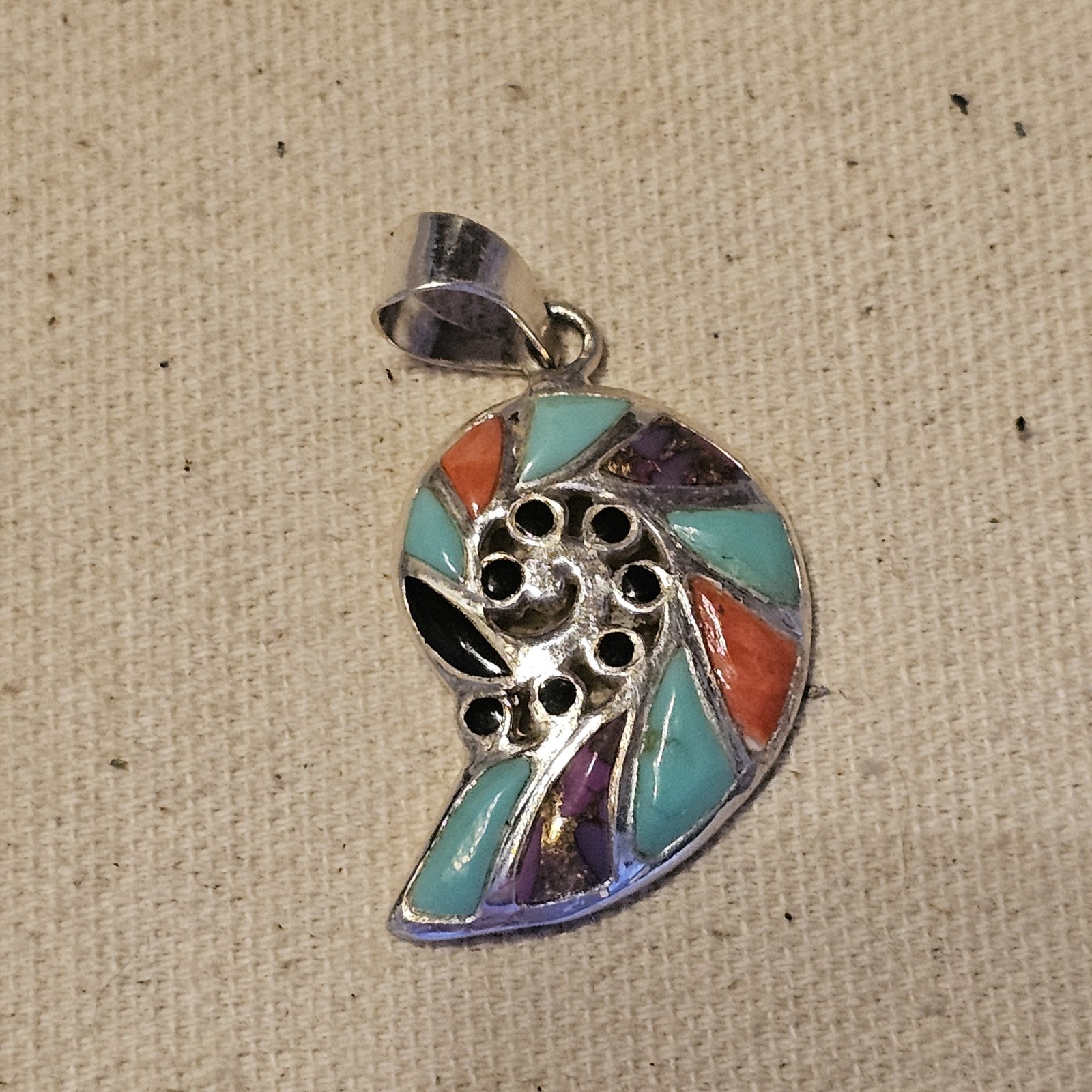 Sterling inlay she’ll pendant w turquoise, coral and purple mohave.