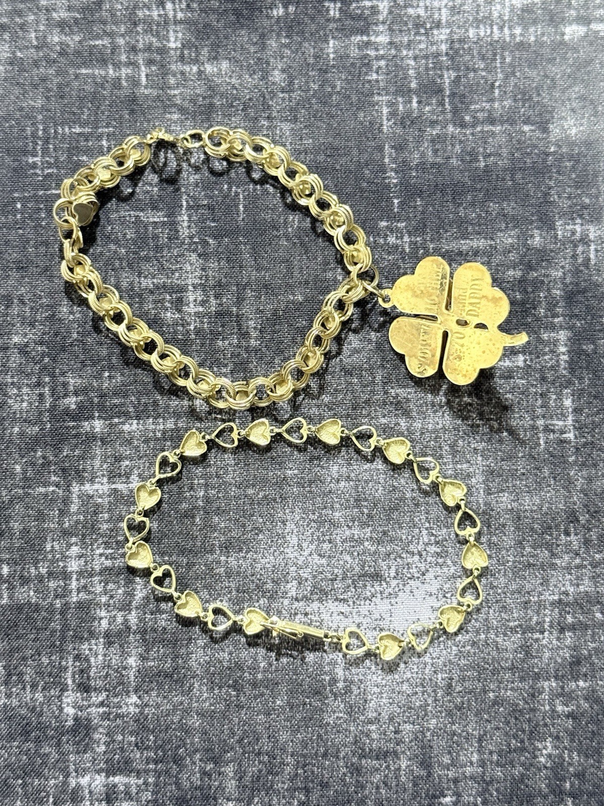 VINTAGE 14K GOLD LOT OF 2 HEART LINK BRACELETS 14.7 GRAMS WEARABLE BOTH MARKED