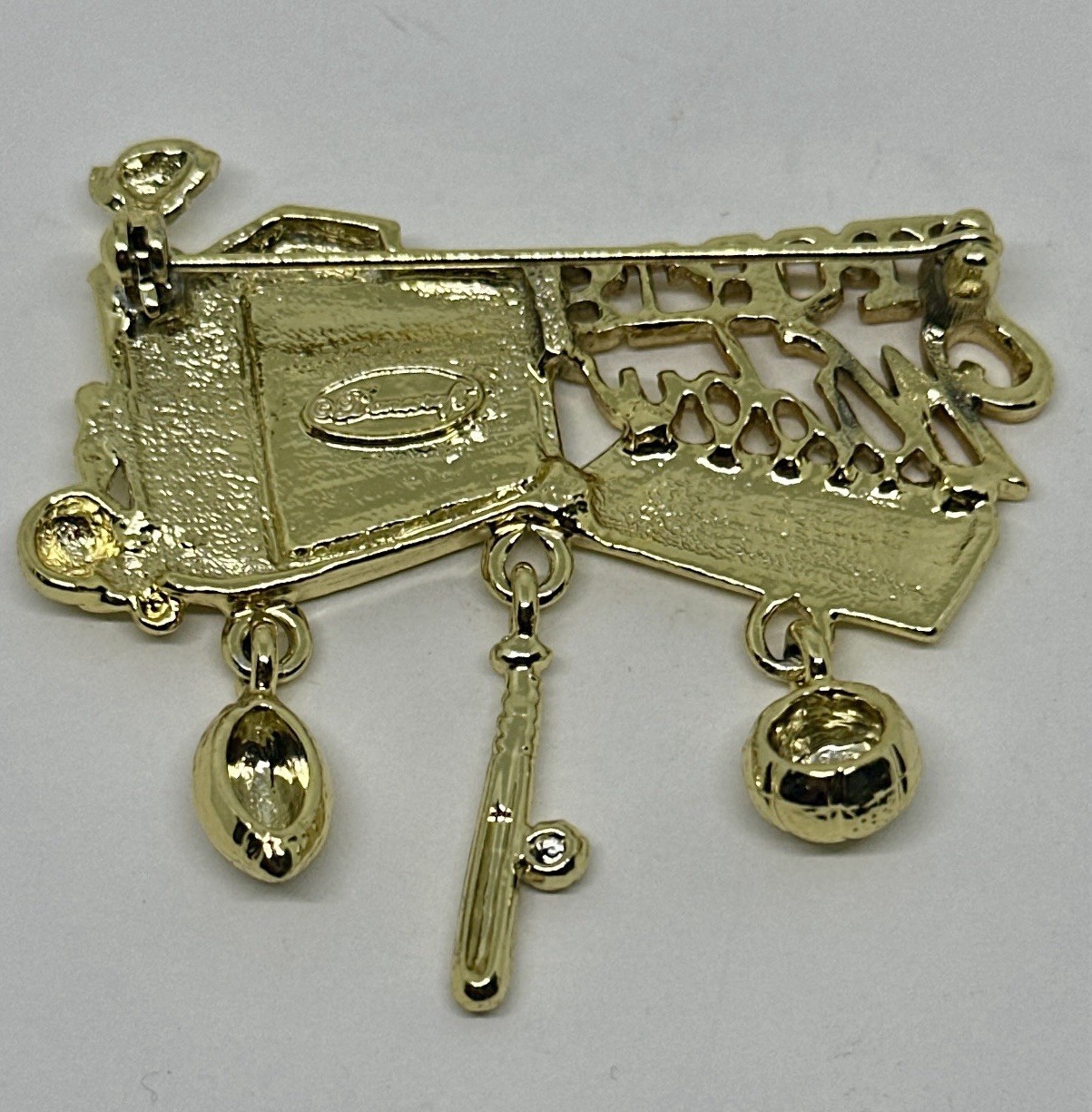 Vintage 1980s Danecraft Sports Widow Gold Tone Brooch Pin Dangle Charms