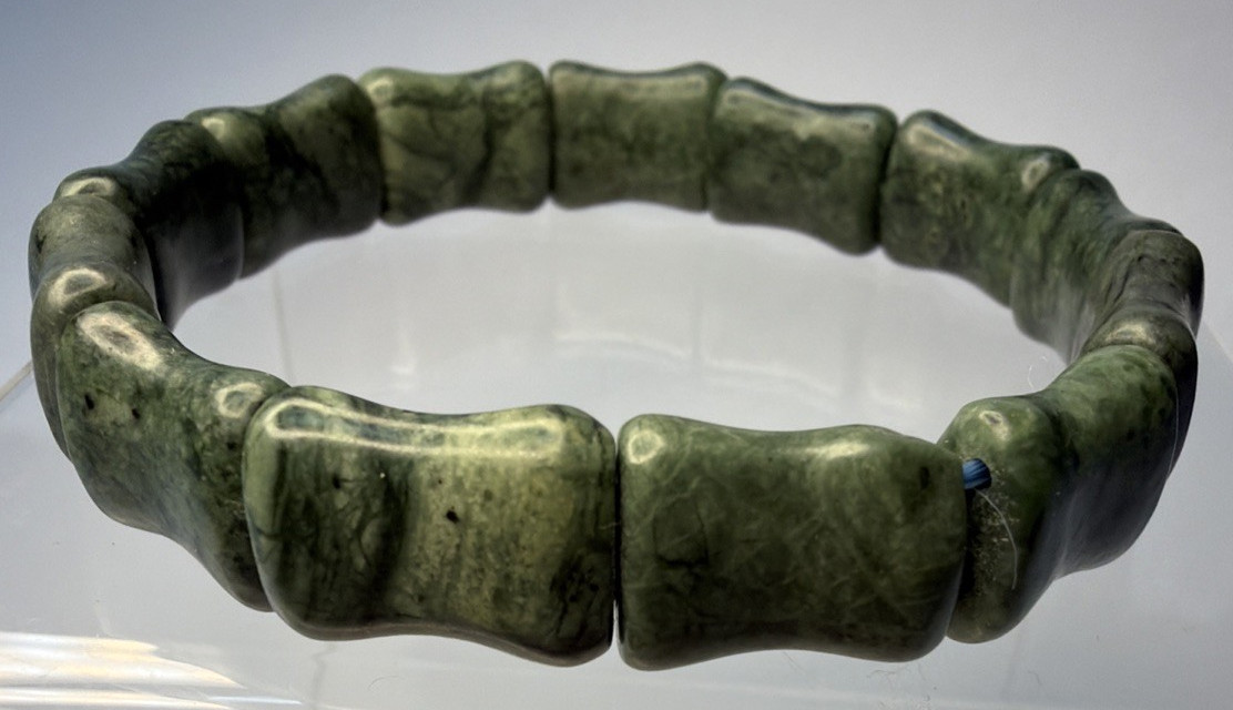 Natural Nephrite Jade Serpentine Stretch Bracelet Good Luck Bamboo Bone Read
