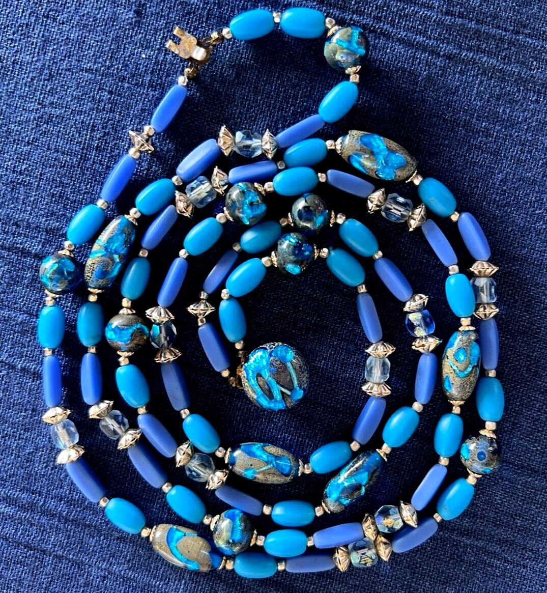 Murano Glass Beaded 2 Strand Necklace 22 Inches Long Blue