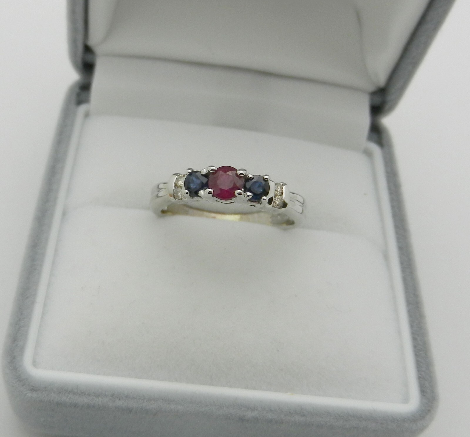 3-Stone Ruby, Sapphire Ring Band with Diamond Accents, Solid 14k Gold, size 6.25