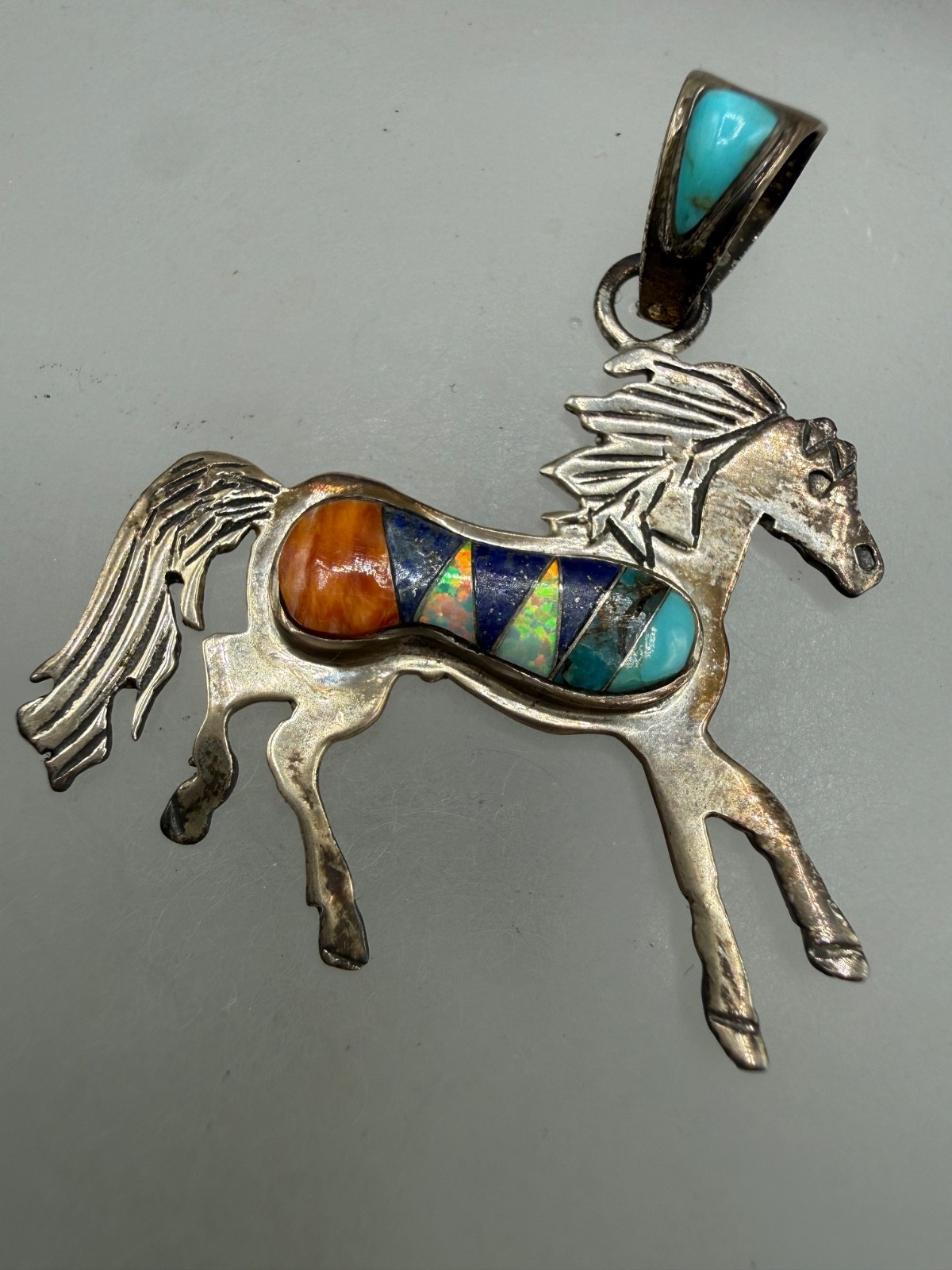 STERLING SILVER LAPIS OPAL TURQUOISE INLAY HORSE SOUTHWESTERN STYLE PENDANT