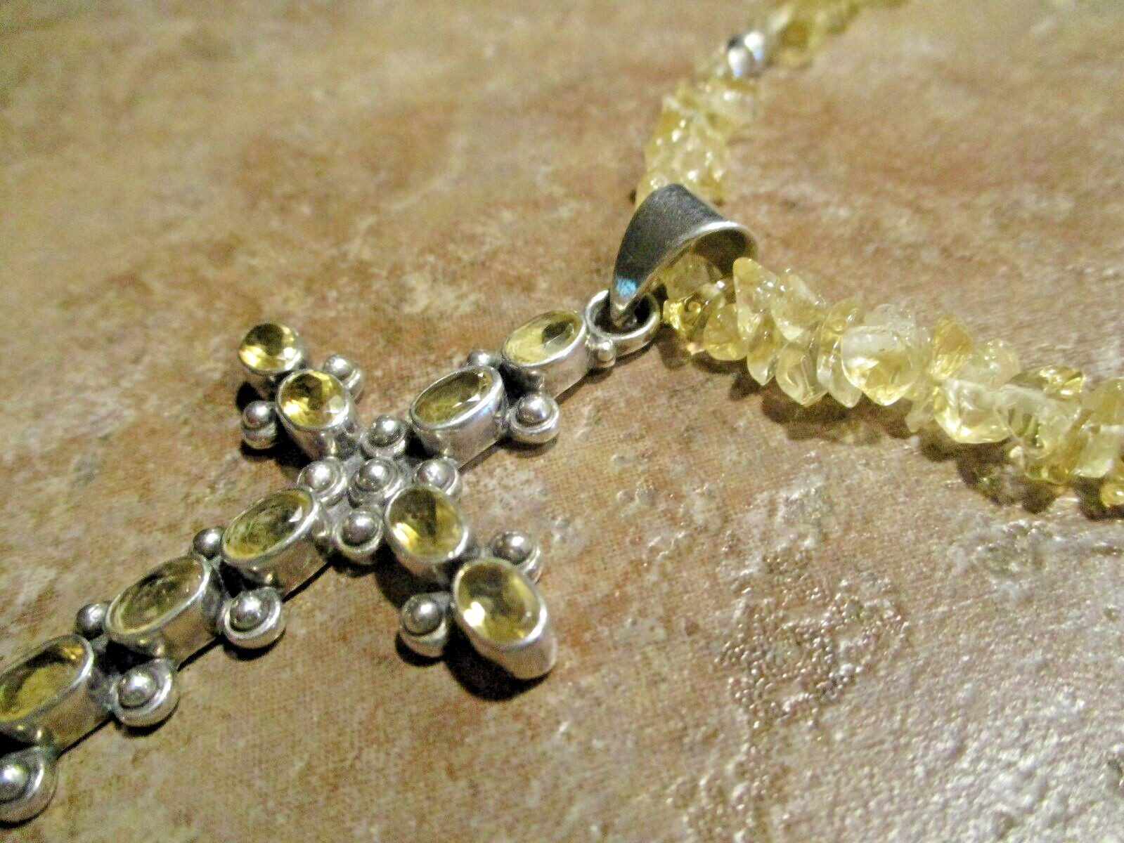 17″- 18″ FINE Vintage Southwestern Design Sterling Silver CITRINE Cross Necklace