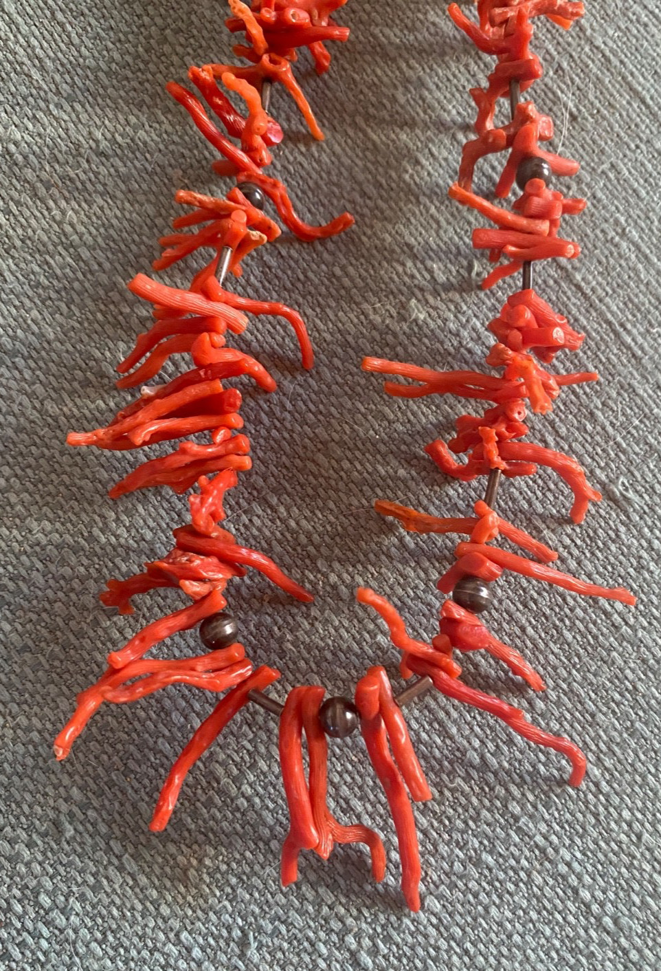 Vintage 1970’s Natural Branch Red Coral Necklace w Silver? Metal Beads 18″