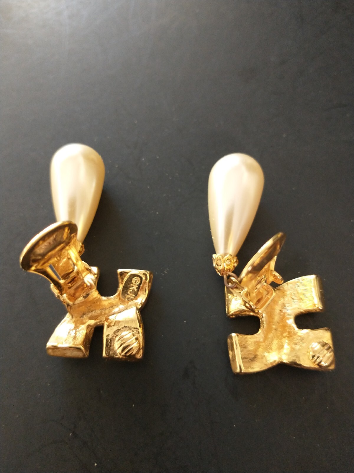 Vintage Kjl Kenneth Lane Faux Pearl Drop With Rhinestones Clip Earrings Signed
