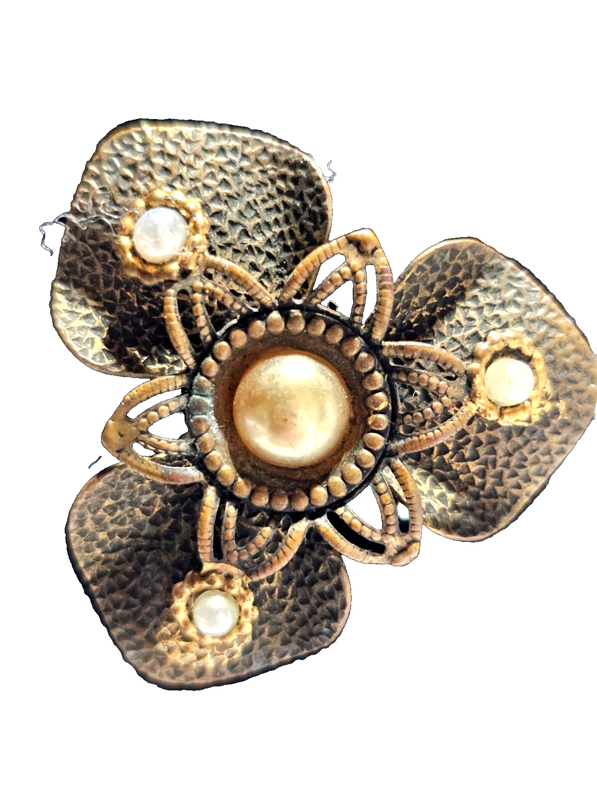 1930’s-1950’s Flower Brooch / Dress Clip Hammered Bronz/Brass With 4 Faux Pearls