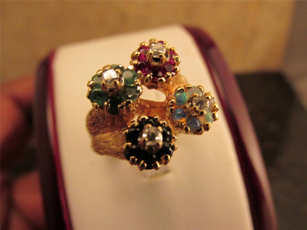 Vintage 14k Solid Gold Colorful Diamond Opal Emerald Sapphire Ruby Ring