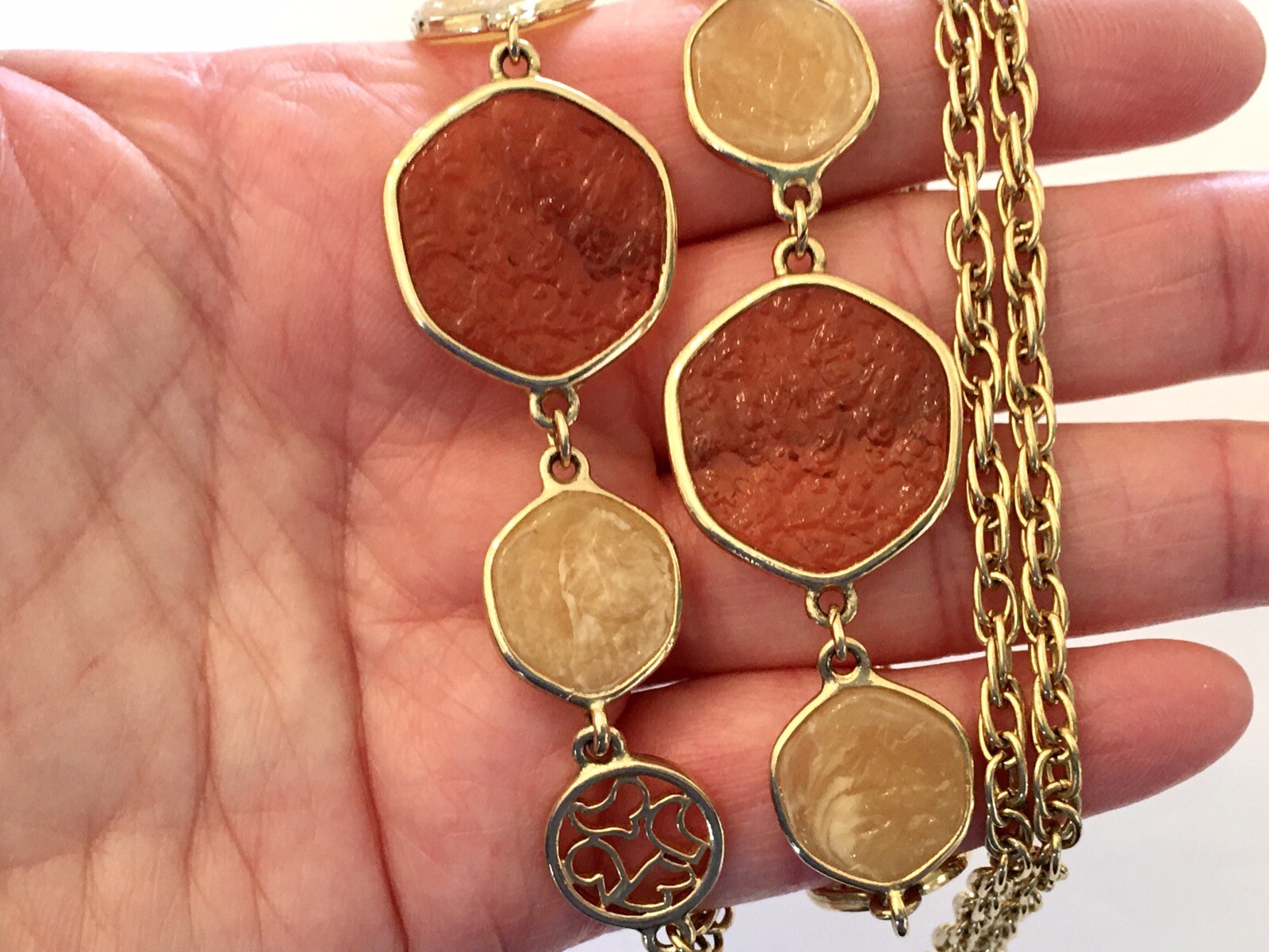 Vintage SARAH COVENTRY ~ TASTE OF HONEY ~ 37” Amber Medallion Link Necklace