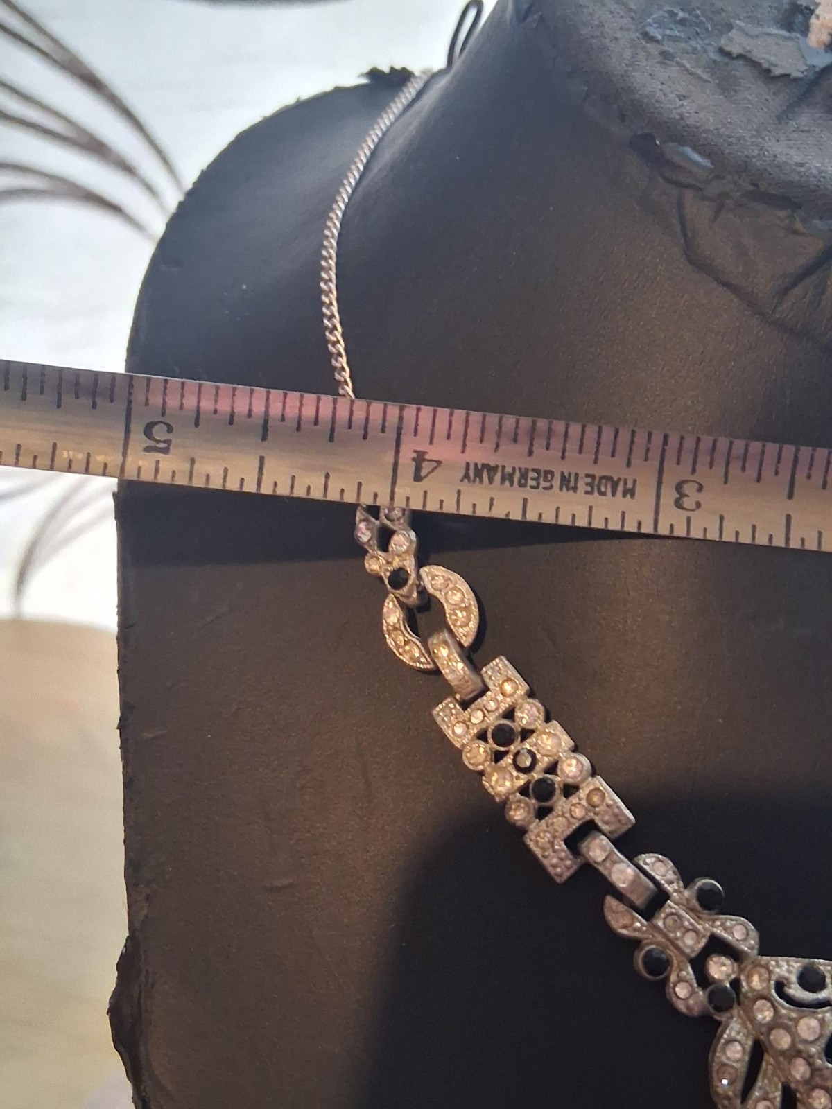 Art deco pot metal geometric style necklace w/black & clear stones