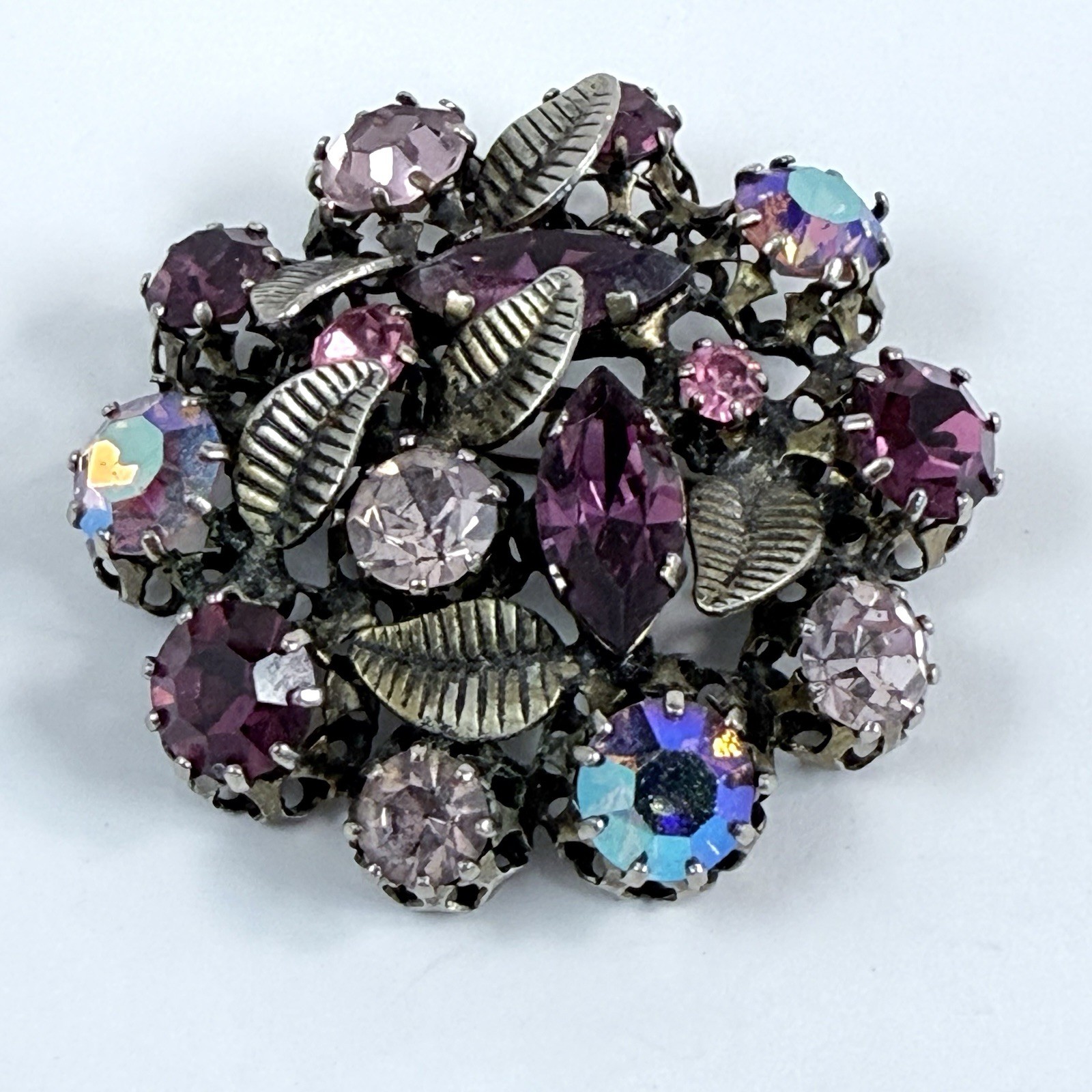Vintage Austrian Purple & Pink Aurora Borealis Crystal Brooch Estate Pin