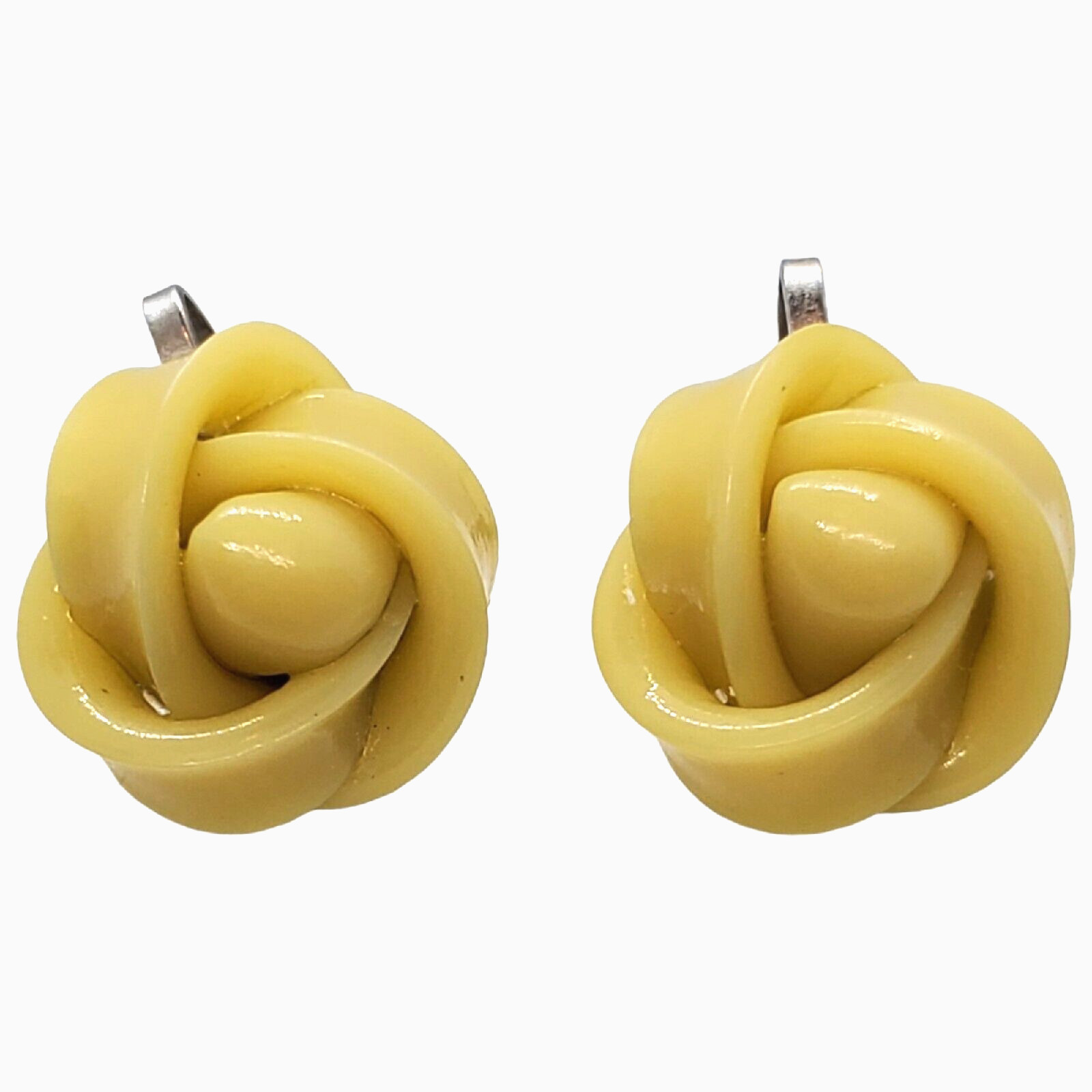 Vintage Celluloid Screw Back Earrings Yellow Rose Knot Silver Tone .5″