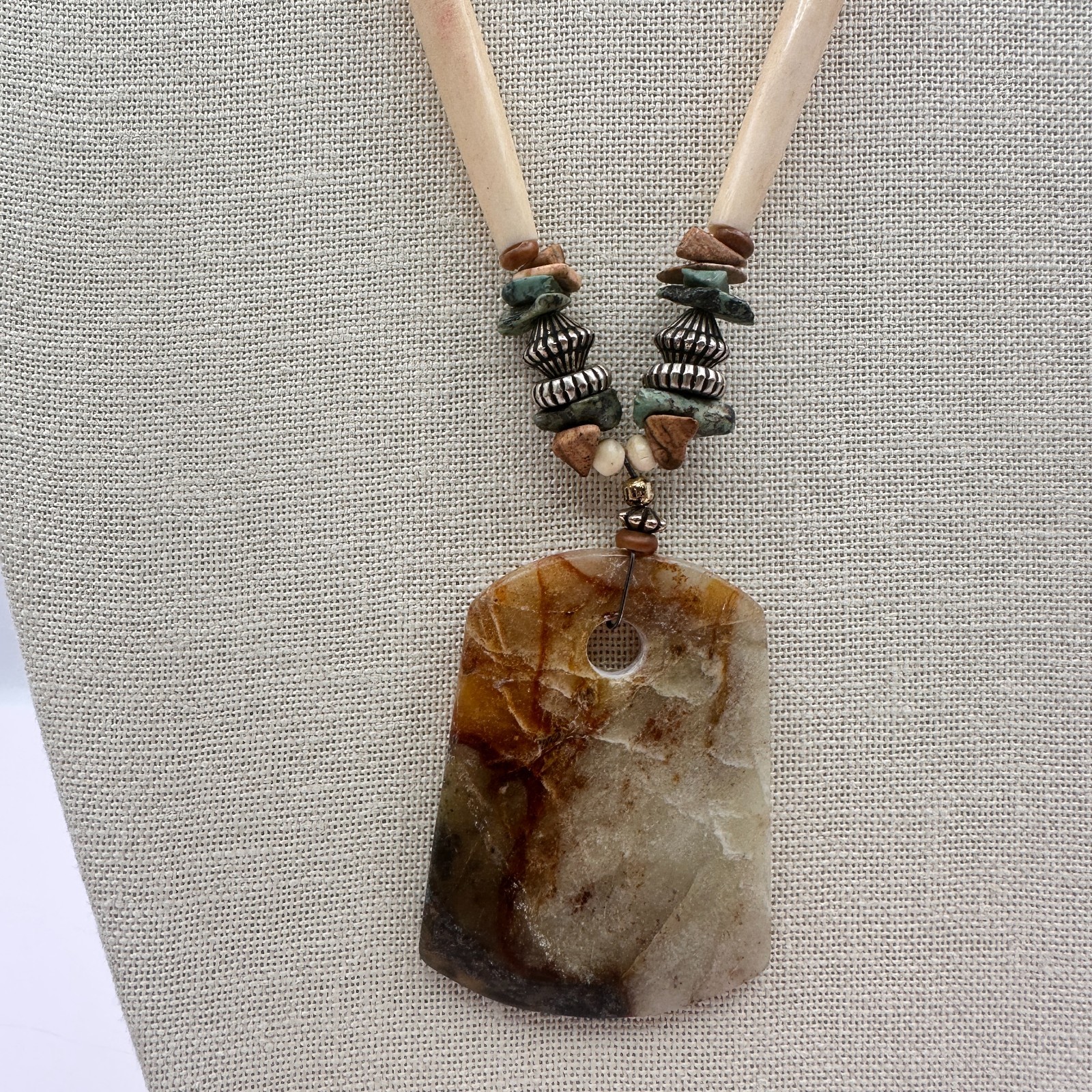 Vintage Southwestern Earthy Resin Pendant Hairpipe Necklace Boho Bead Statement
