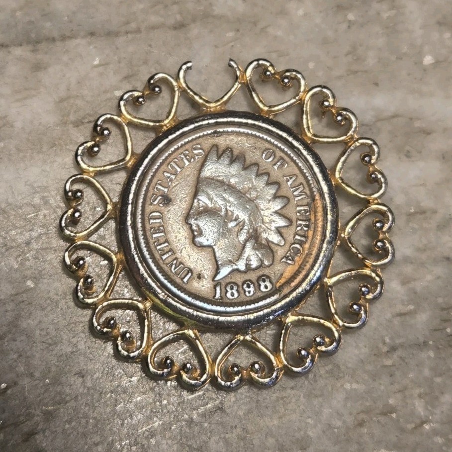 Indian Head Cent Coin Round Brooch Pin Gold Tone Ornate Heart Filigree