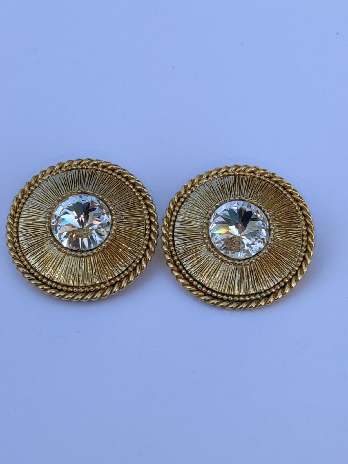 ORENA Paris France Couture Designer Brand Gold Tn Faceted Crystal Clip Earrings
