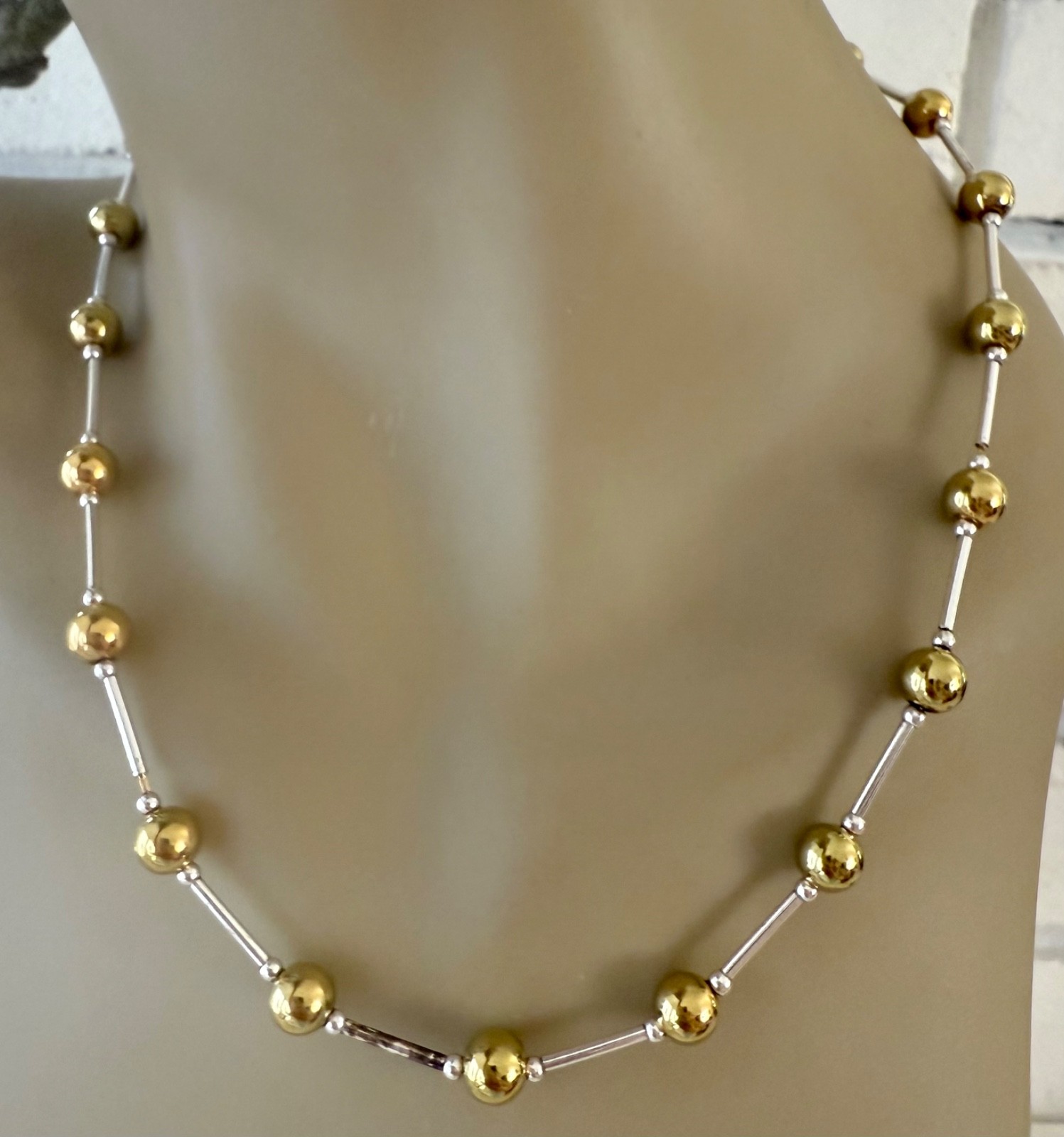 ESTATE VINTAGE GOLD & SILVER PLATED BALL BAR LINK CHAIN SIGNED NECKLACE 17″