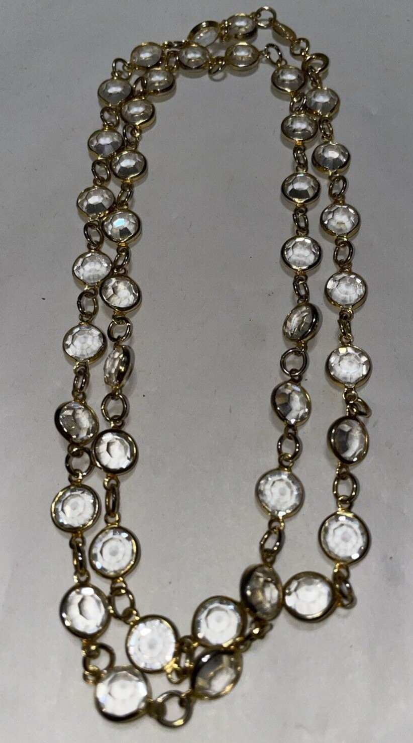 Vintage Signed Rafaelian Austrian Crystal Bezel Gold Tone Chain Necklace USA