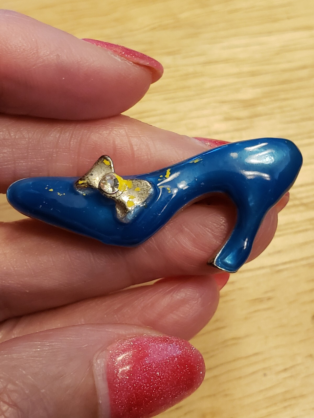 Vintage, High Heel Shoe Pin with Blue Enamel & Rhinestone Bow 1 1/2” across
