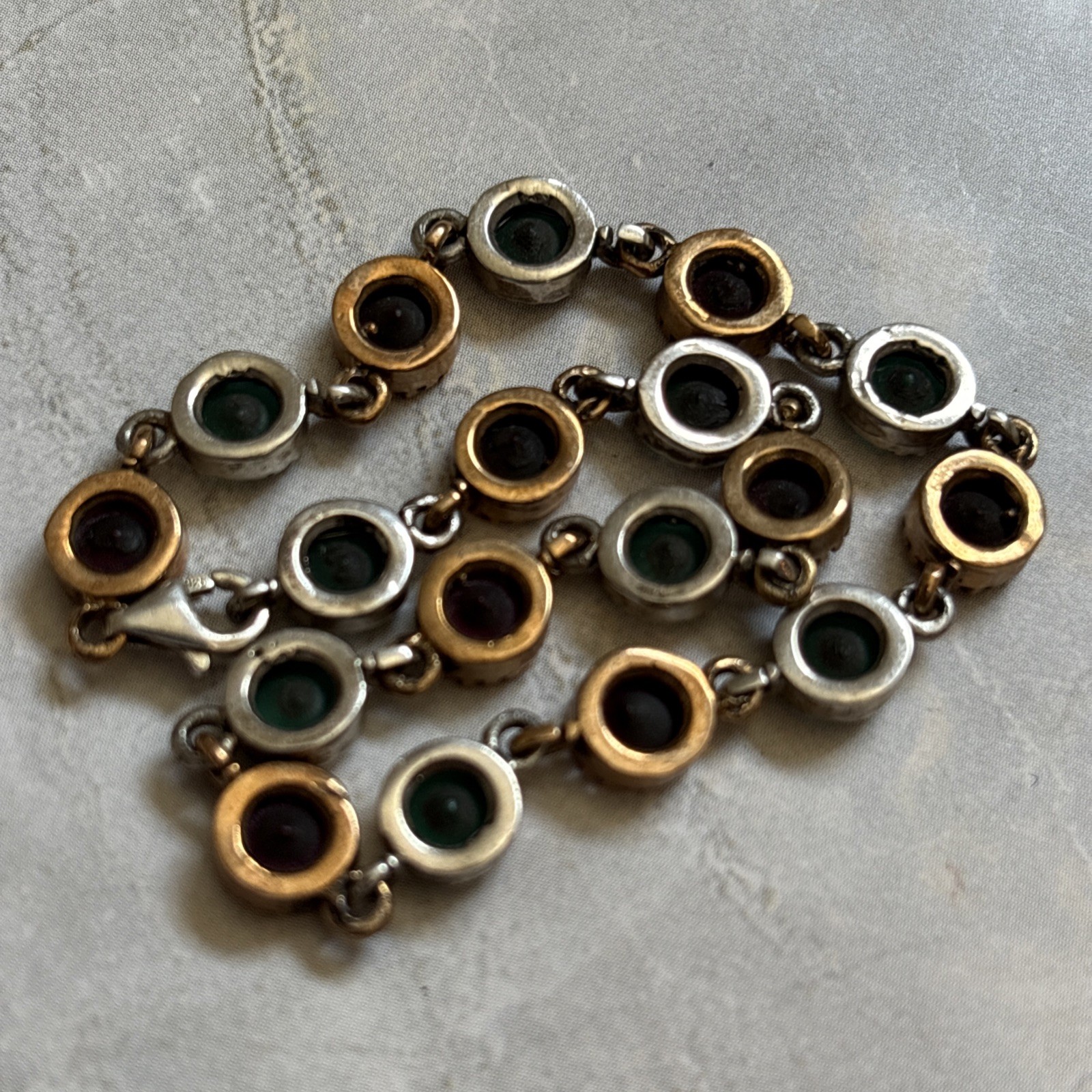 Vintage 925 Sterling Silver Two Tone Bracelet • Glass Cabochons • Mixed Metal
