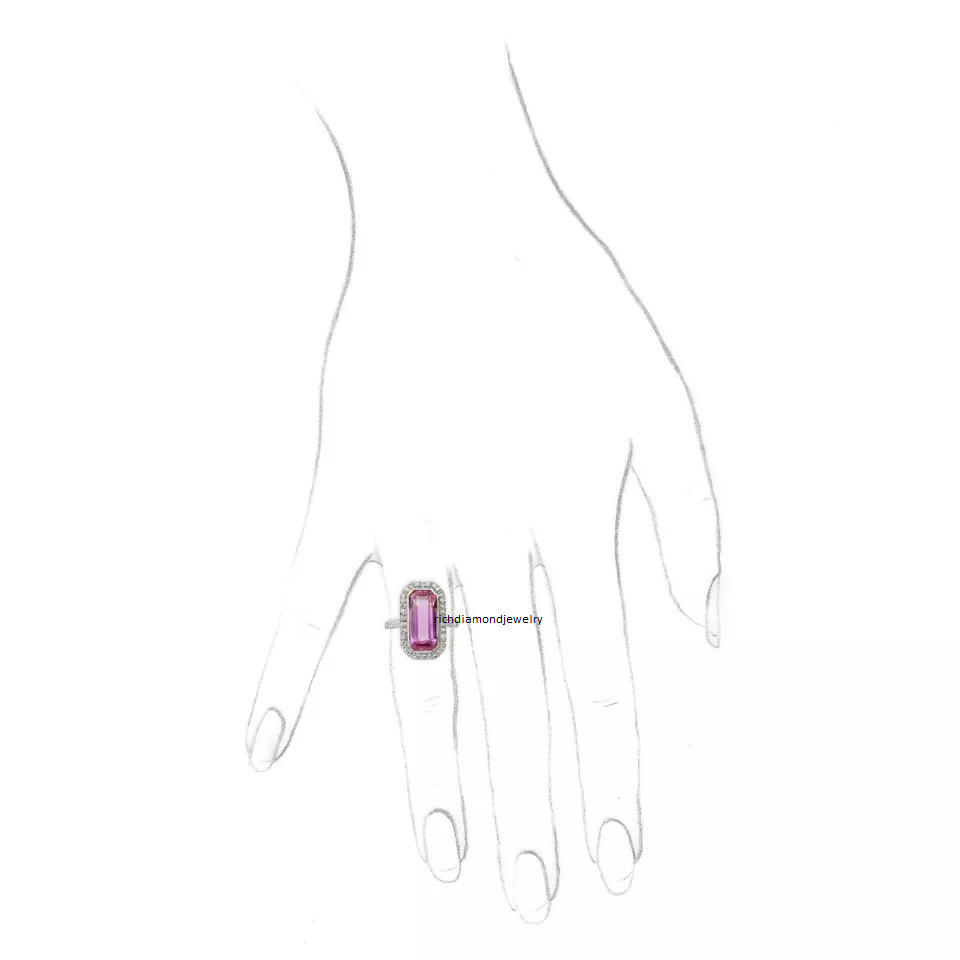 Long Emerald Cut Transparent Pink Topaz With Halo White CZ Modern Vintage Ring