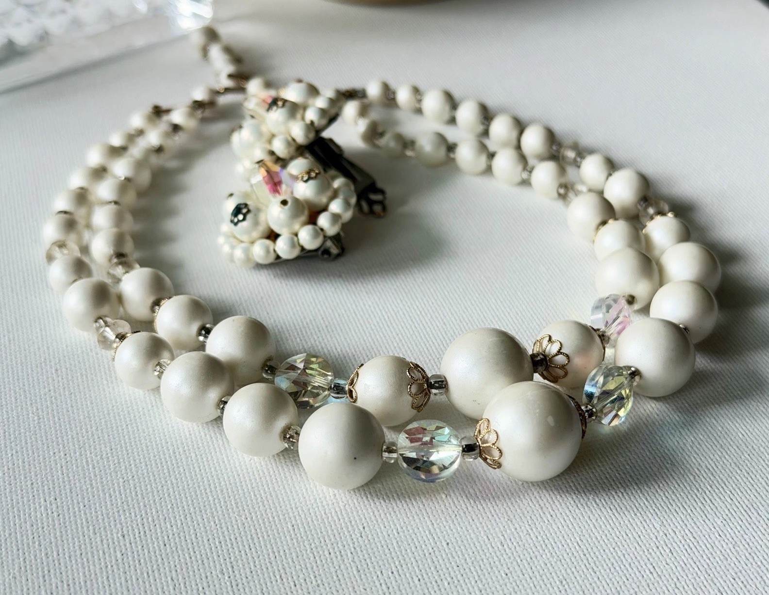 Vintage White Satin Bead Necklace & Clip On Earrings Set AB Crystal Bridal