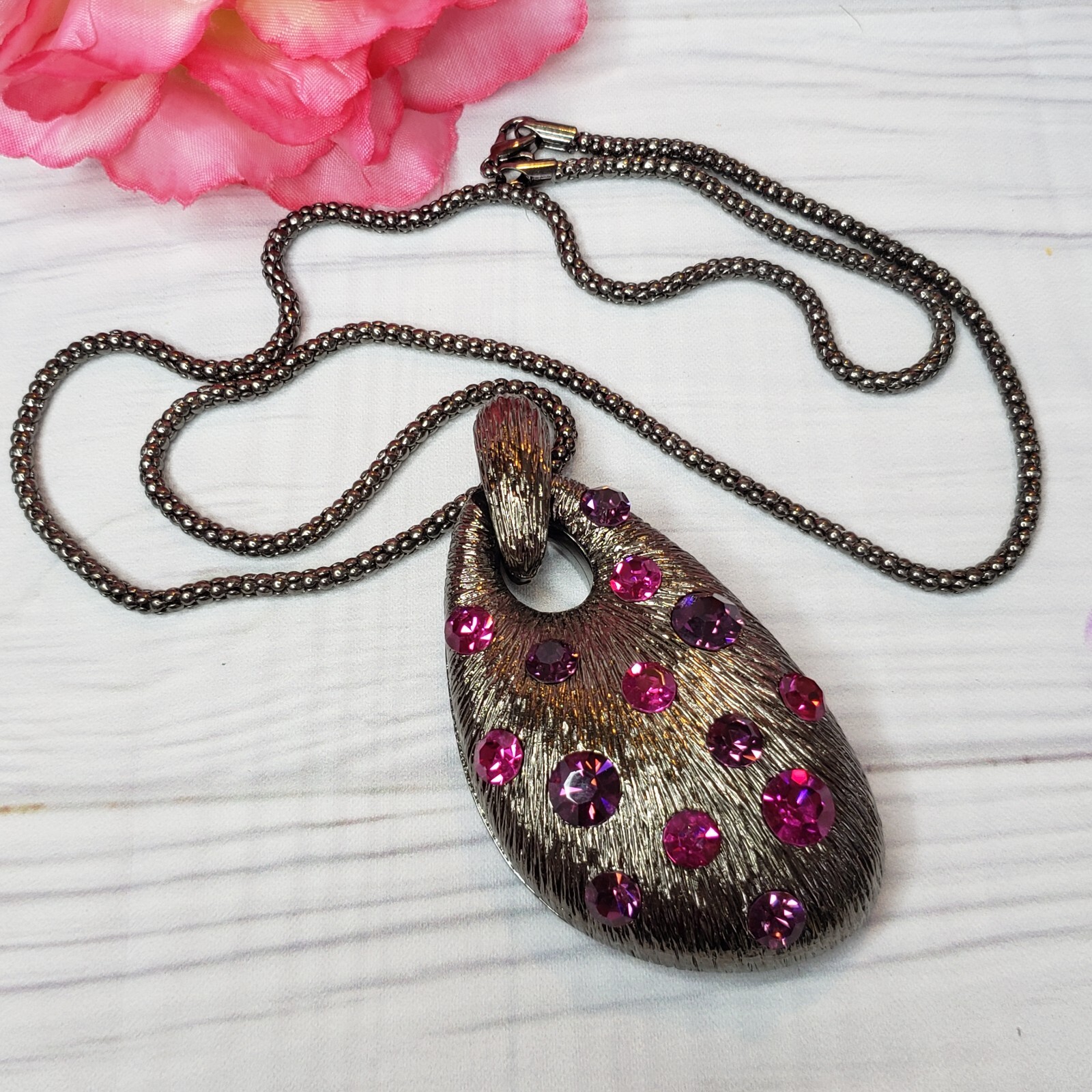 Pink Purple Rhinestone Large Pendant Necklace Gunmetal Tone Chain Statement