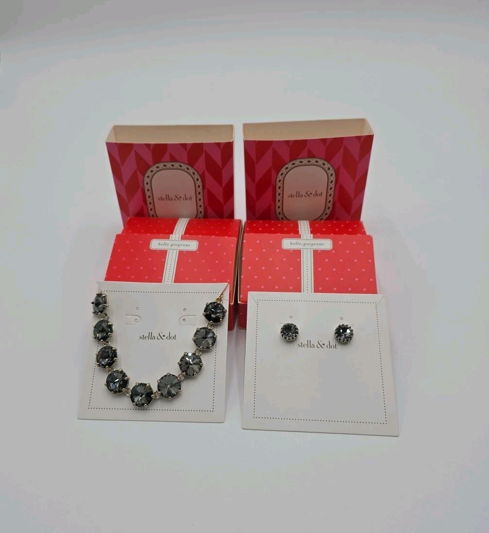 Vintage Stella & Dot Silver Tone Black Crystal Rhinestone Bracelet & Earring Set