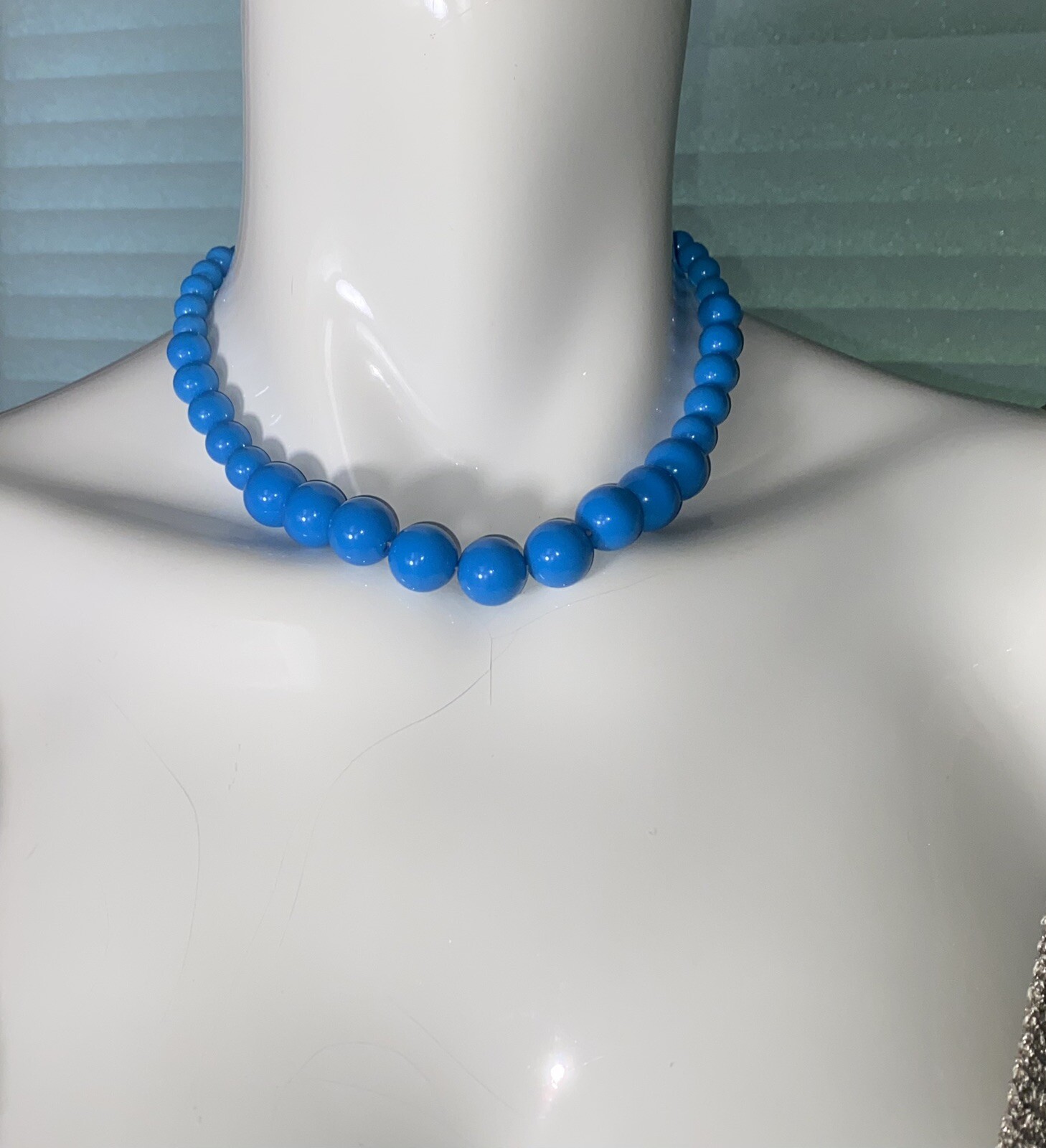 vintage bight blue beaded choker necklace and rhinestone clip on earrings