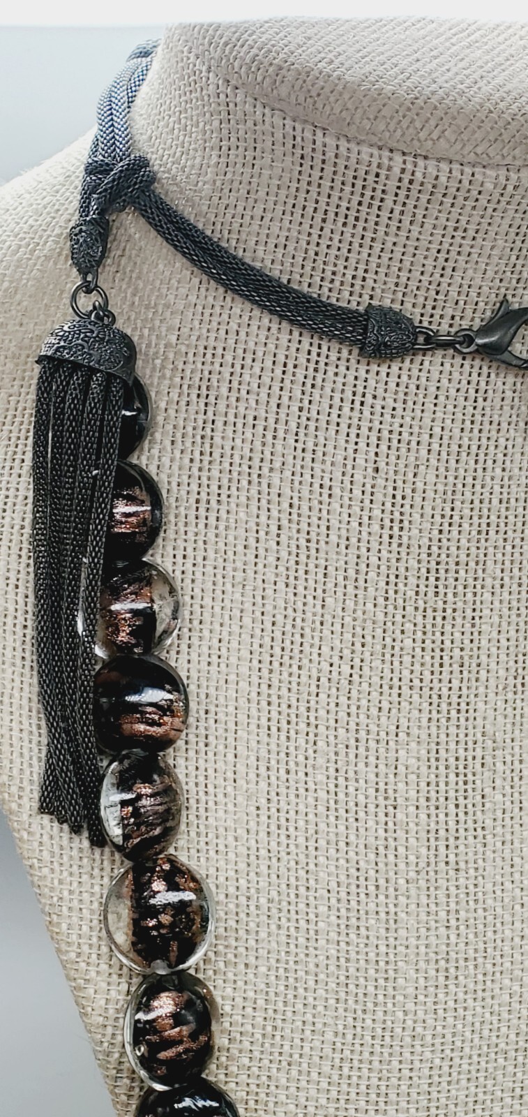 Coldwater Creek Black and Copper accented Glass, Gun Metal Necklace 36″ woo1