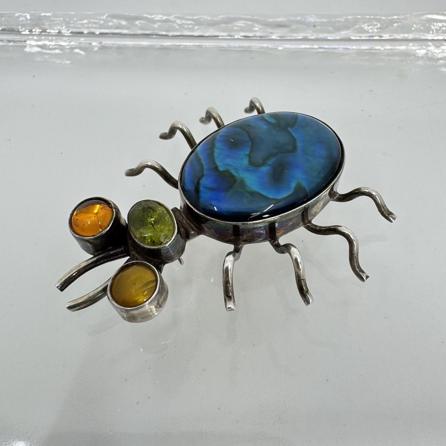 Sterling Silver Multi Stone Paua Abalone Shell Peridot Amber Bug Brooch Pin