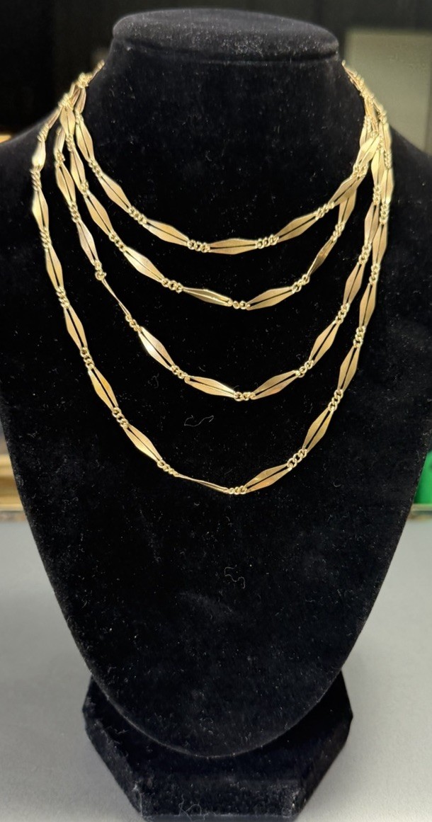 Antique 58″ Solid Gold Guard Chain Necklace 21.4g Acid Tested 14K Victorian