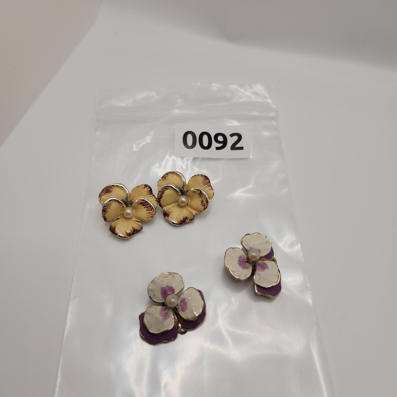 Vintage Enamel Flower Clip On Earrings 2 Pairs Pansy Blossoms Edwardian Style