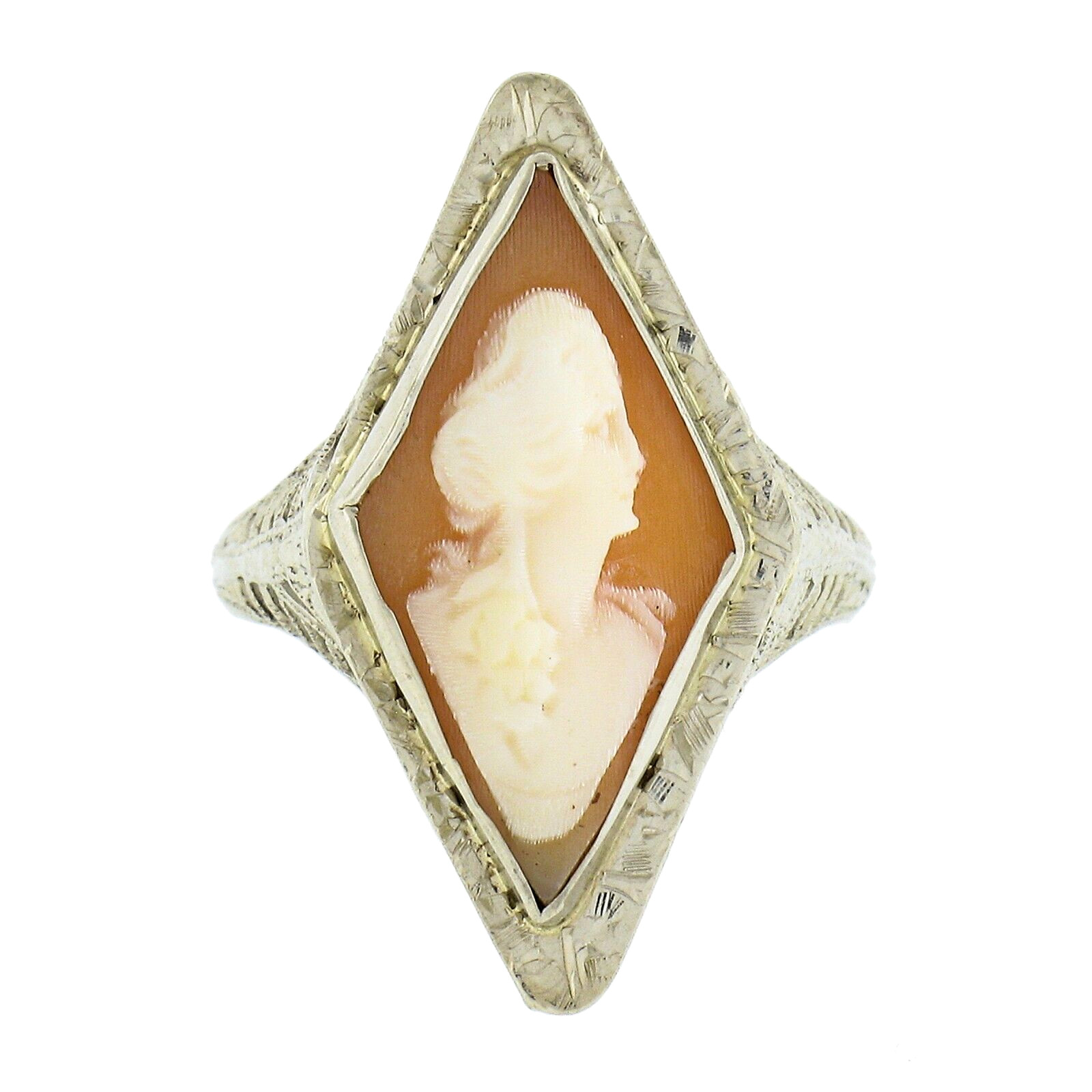 Antique Art Deco 14K White Gold Lozenge Shape Carved Shell Cameo Filigree Ring