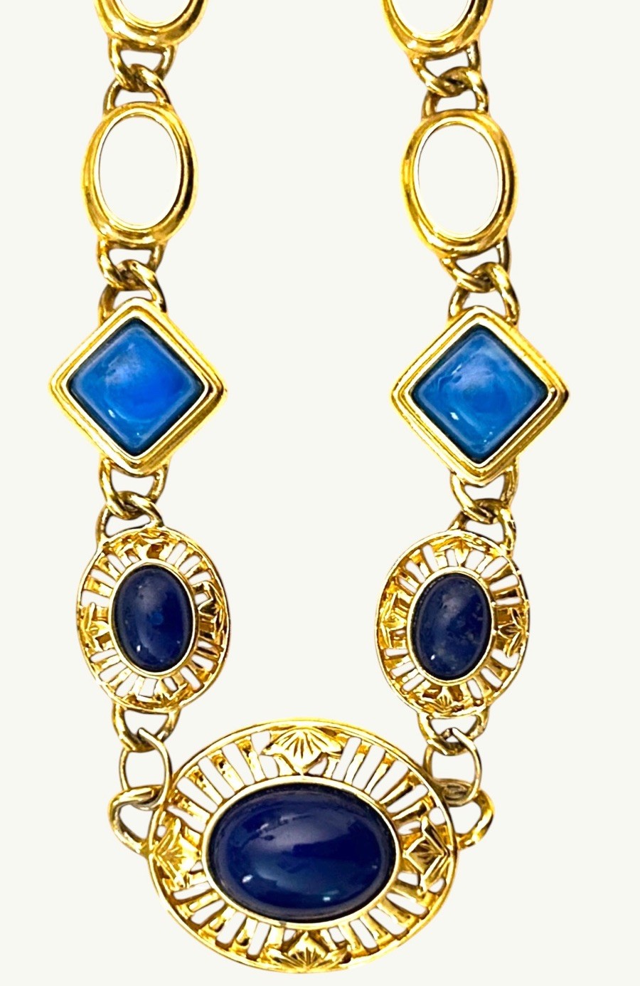 Vintage Etruscan Revival Necklace Chunky Blue Lucite Gold Tone Statement