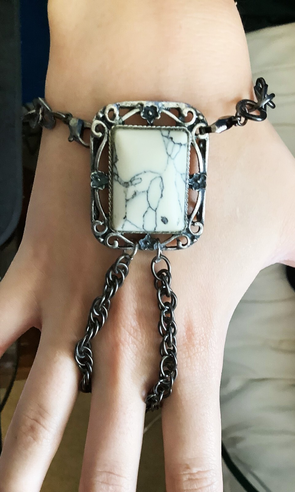 Hand Crafted Unique Marbled Stone Slave Bracelet Pewter Metal Wrist/Finger NWOT